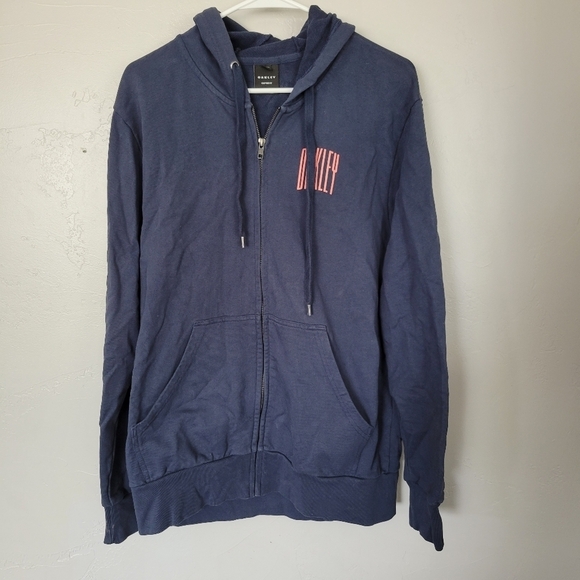 Oakley Men's Large Navy Blue Jacket Full Zip Hooded Long Sleeves Orange Logo - Picture 1 of 6